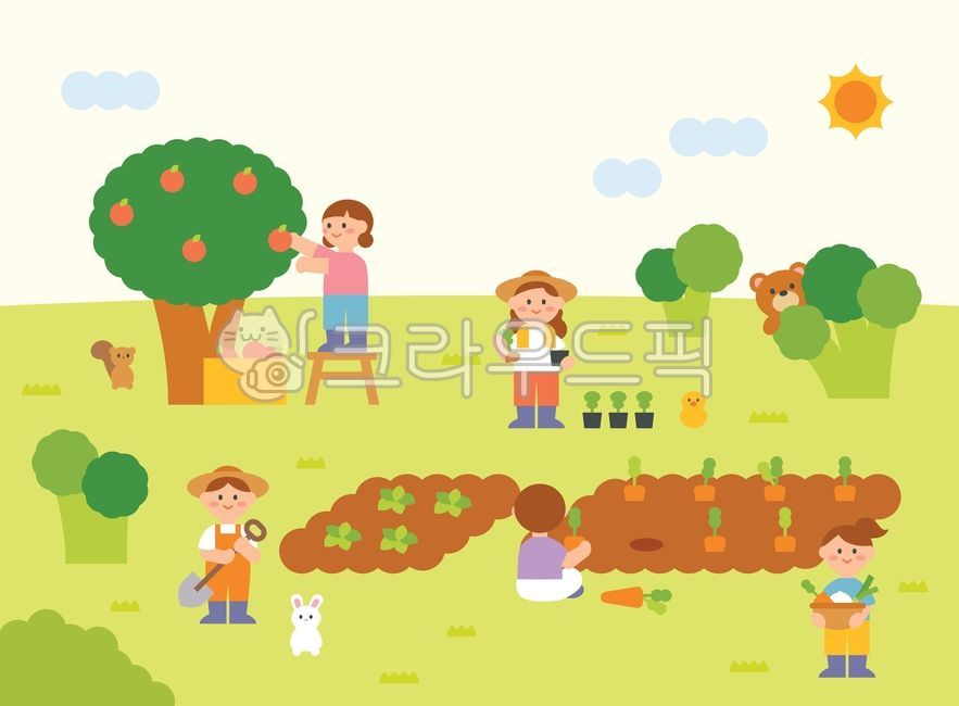 illustration,background,concept,cute,people,farmer,country,farm,farming,field,orchard,harvest,carrot,broccoli,animal,bear,squirrel,rabbit,straw hat,shovel,crops,landscape