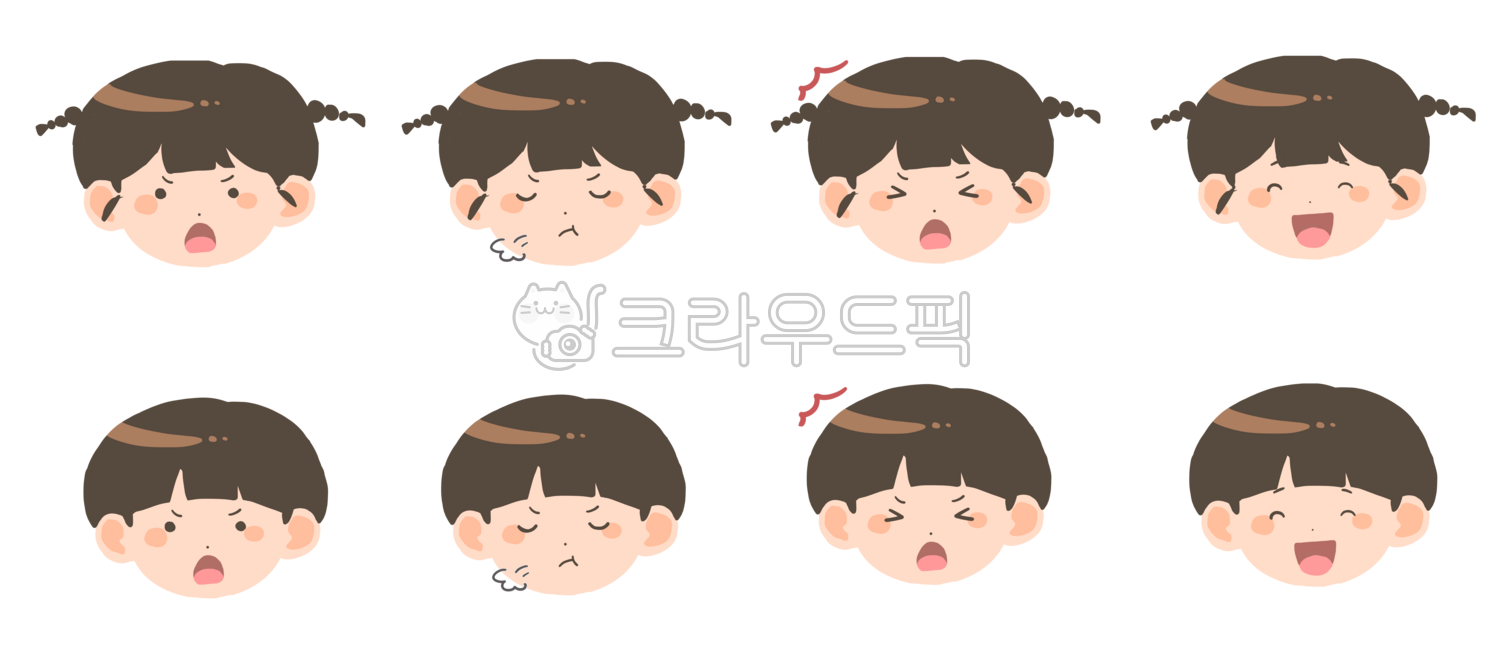 일러스트,컬렉션,모음,세트,버섯머리,바가지머리,웃는,행복한,방긋,삐진,콧방귀,짜증,바가지,놀란,깜짝,으악,화난,양갈래,얼굴,표정,유아,아이,단호한,여자아이,남자아이,어린이,양갈래머리,삐삐머리
