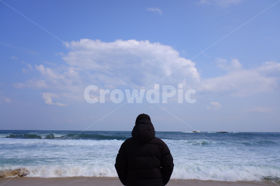 뒷모습,바다,바닷가,파도,하늘,파란하늘,사람,인물,인간,human,person