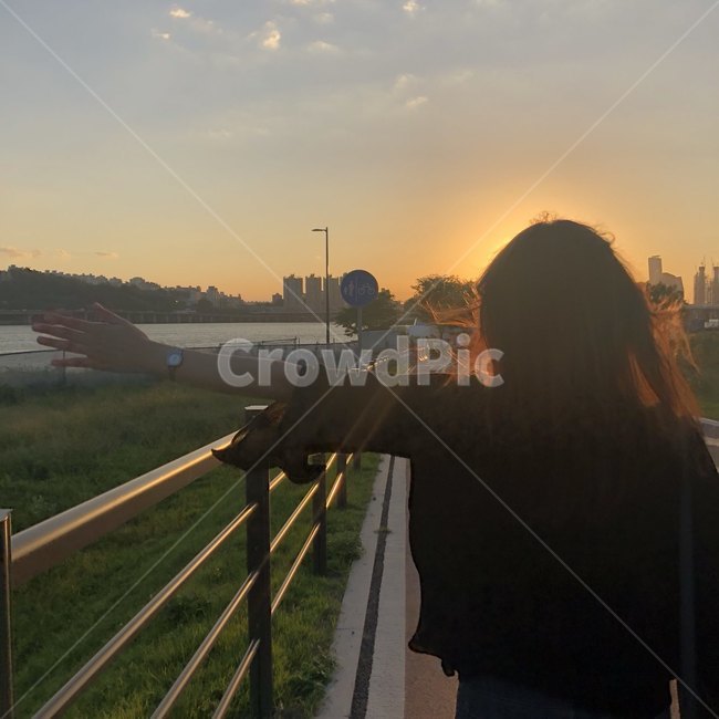 여자,뒷모습,한강,노을,일몰
