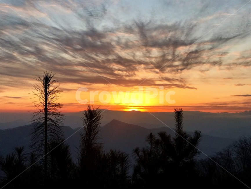 일출,하늘,산,나무,능선,구름,소나무,정상,자연,자연,풍경,nature,landscape,outdoors,옥외,dusk,황혼,sunset,일몰,sky,dawn,새벽,red sky,붉은 하늘