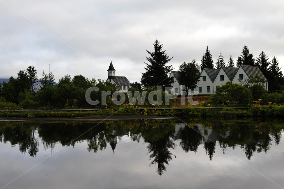 reflection,church,Thingvellir National Park,iceland,river,Iceland