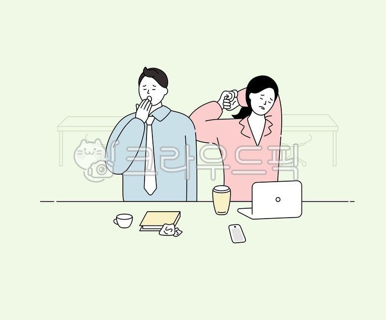 피곤함,지루함,스트레칭,하품,하품하는사람,스트래칭하는사람,노트북,공책,컵,유리컵,핸드폰,종이,사무실,책상,의자,오후근무,여자사람,남자사람,직장인,office,tired,streching,work,drawing,cartoon,character,people,colorful,illustration,vector,sketch,그래픽,일러스트레이션,graphic,illustration