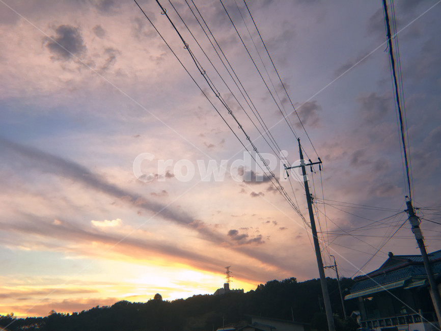 전봇대,시골,하늘,노을,산