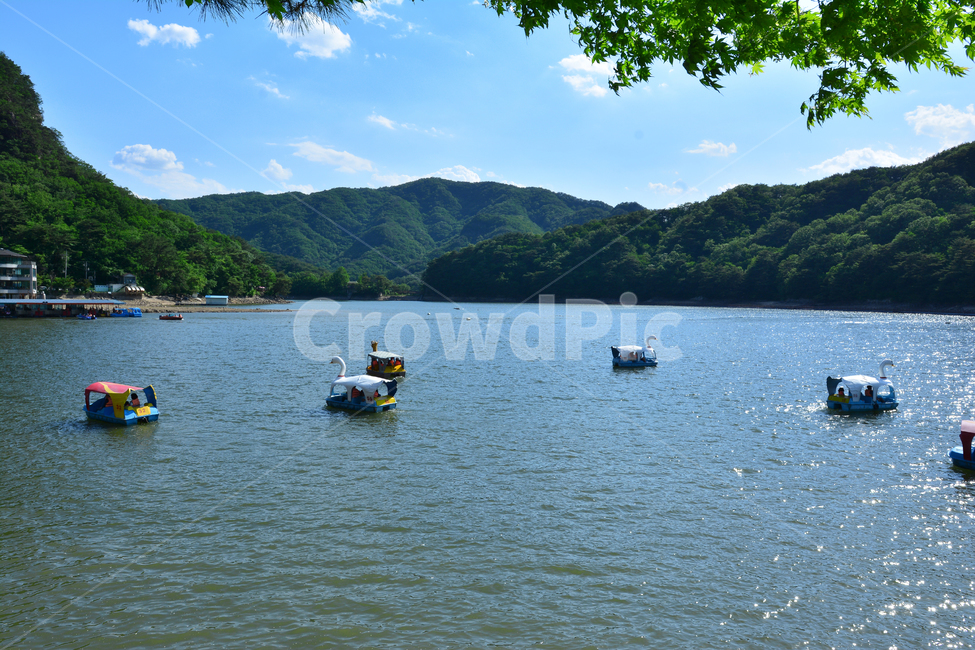 산정호수,포천,물놀이,보트,배,산책,숲,여름,하늘,구름