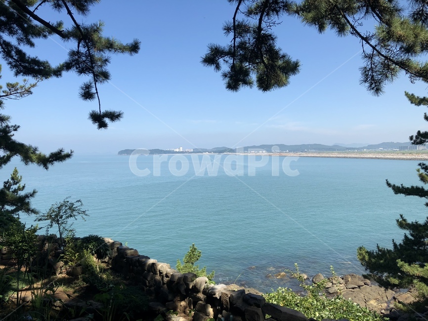 푸른바다,파란하늘,나무그늘,바다,하늘,먼산,자연,풍경,자연,풍경,nature,landscape,outdoors,옥외,land,땅,ocean,대양,sea,water,물,shoreline,해안선,promontory,곶