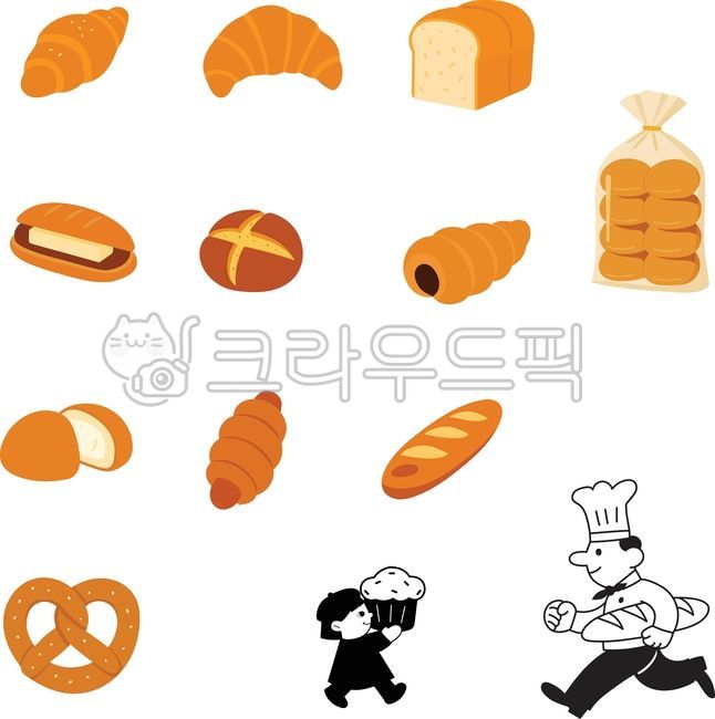 빵,베이커리,카페,파티쉐,로고,머핀,캐릭터,음식,디저트,제과점,빵가게,메뉴판,소금빵,크루아상,식빵,모닝빵,소세지빵,앙버터,마늘빵,초코빵,크림빵,바게트빵,프레첼,일러스트,스티커
