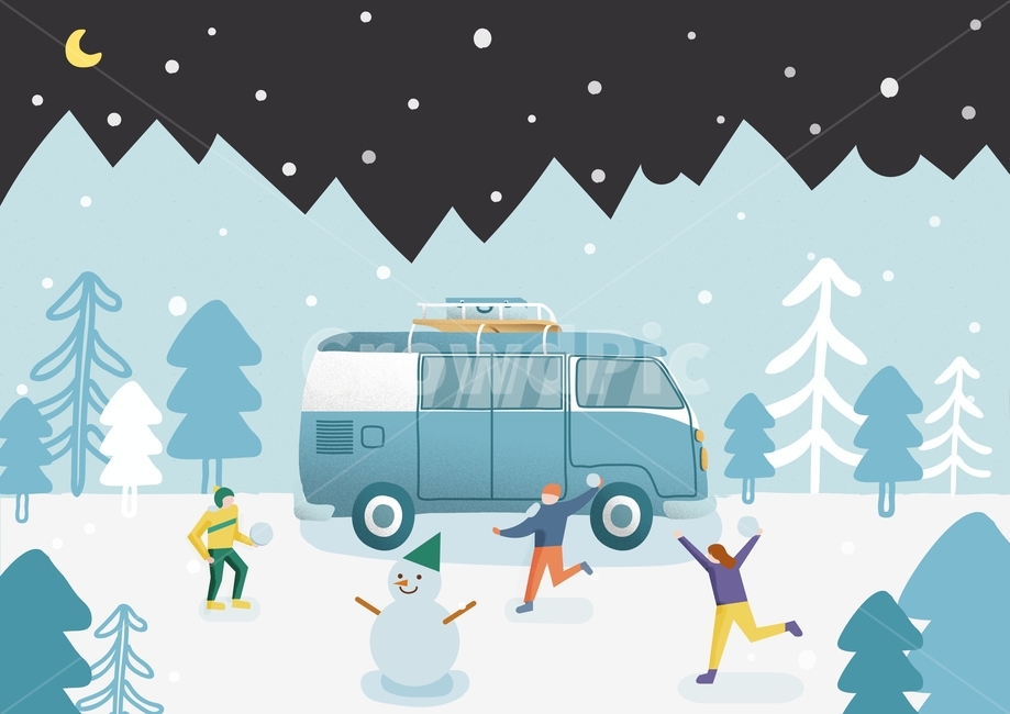 눈싸움,눈사람,눈,눈결정,나무,산,밤,겨울,여행,일러스트,겨울,계절,winter,season,그래픽,일러스트레이션,graphic,illustration
