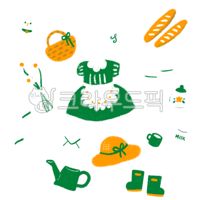 손그림,일러스트,다꾸,스티커,농장,소녀,원피스,드레스,앞치마,바게트,바구니,꽃다발,물조리개,장화,밀짚모자,머그컵,찻잔,찻주전자,손수건,양말,편지,편지봉투,스타킹,고양이,굿노트,굿노트스티커,다이어리