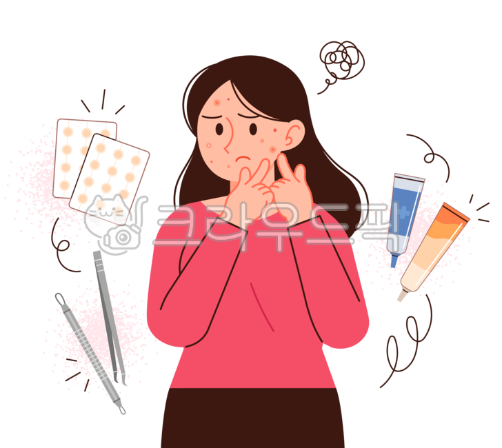 피부관리,뷰티,스킨케어,여자,일러스트,캐릭터,사람,인물,얼굴,코스메틱,상반신,피부건강,고민,문제,트러블,피지,여드름,연고,흉터,여드름패치,스팟,압출기,집게,치료,약,성인여드름,용품,울상,png