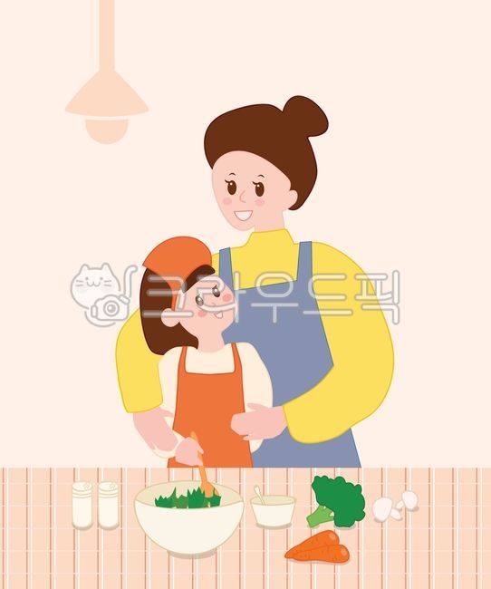 요리,엄마,딸,주방,식사준비,cook,쿠킹,조명,부엌,식사,야채,브로콜리,당근,버섯,양념,소금,설탕,앞치마,두건,수업,선생님,학생,어린이,식탁,집콕,사람,취미,사회적거리두기,실내활동,샐러드,채소,스푼,숟가락,편안한,따뜻한,요리수업,건강한,채식,모녀,홈베이킹,홈스쿨,건강,헬시,가정의달,어린이집일러스트