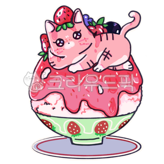 빙수,고양이,여름디저트,디저트,딸기빙수,딸기,핑크냥,딸기냥,빙수냥,귀여운,시원한,고양이일러스트,여름,핑크고양이,베리,과일빙수,여름간식,딸기청