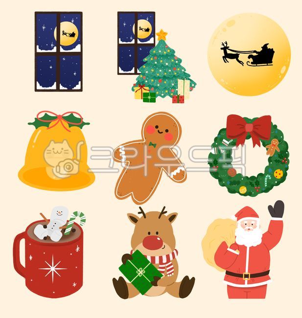 gift,snowman,mittens,shadow,scarf,greeting,angel,sled,Santa,character,Winter,cake,tree illustration,hat,Christmas supplies,decoration,wreaths,cookie,tree,ribbon,bell,cocoa,window sill,jingle bell,warm,moon,globe,winter illustration,Santa illustration,red 