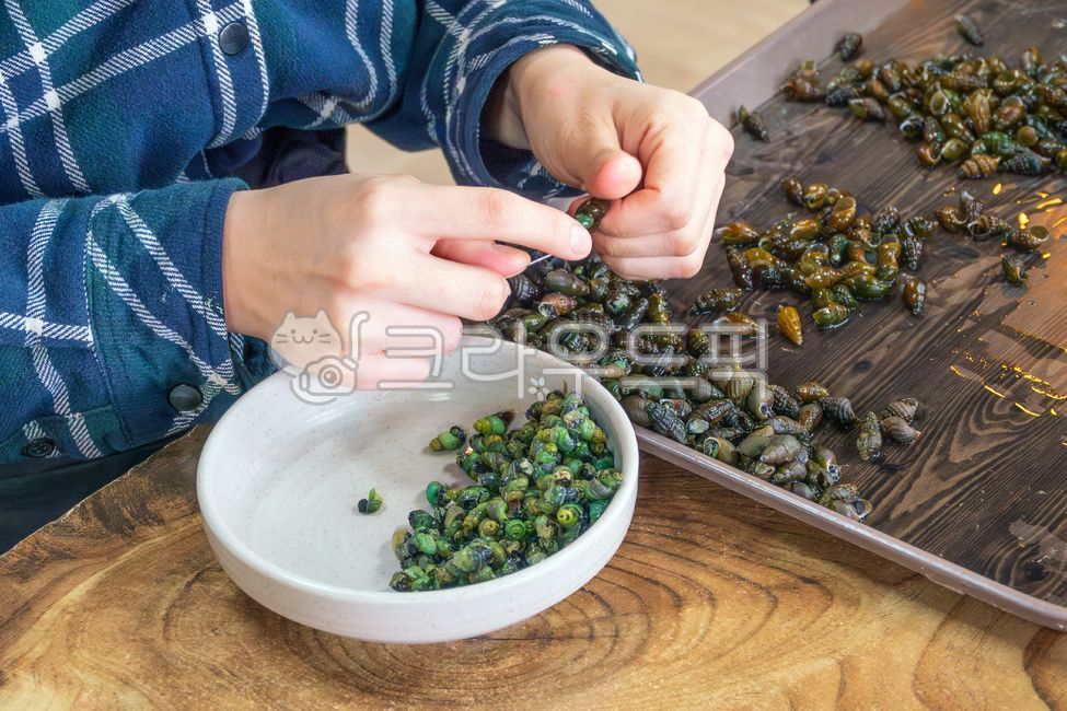 다슬기,올갱이,고둥,껍질,음식재료,익힌,삶은,익은,음식,요리,손,사람,작업,분리,속살,그릇,실내