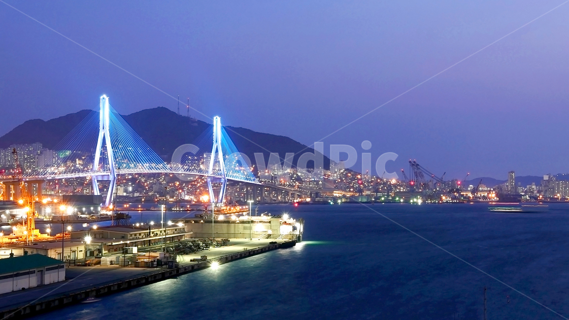 부산항대교,북항대교,사장교,야경,바다야경,부산야경,야간,노을,저녘,해안,바닷가,바다,밤바다,항만,관문,도로,대교,교량,교각,가로등,케이블,탑,시설물,구조물,부두,항구,수송,밤하늘,예쁜,황홀한,아름다운,매력적인,매혹적인,칼라,그라데이션,조명,빛,랜드마크,영도,섬,부산항,부산,매직아워