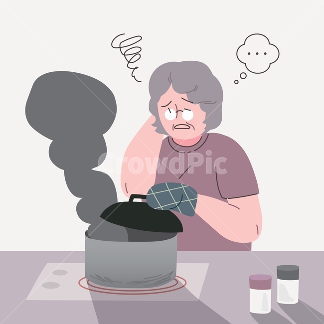 치매,노인,의료,의학,병원,질병,할머니,늙은,여자,백발,냄비,타다,양념통,요리,망치다,실수,고민,말풍선,고뇌,고통,건망증,가스렌지,그림자,일러스트,벡터,상황,삽화,사람,인물,인간,human,person,그래픽,일러스트레이션,graphic,illustration