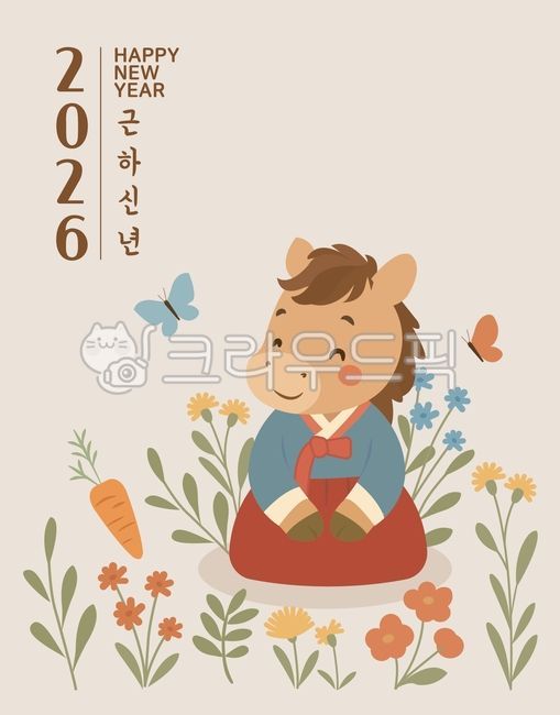 새해,말한복,벡터,일러스트,한국전통,설날,신년인사,새해인사,명절,귀여운,한복일러스트,전통의상,웃는말,행운,2026,병오년,삽화,공휴일,2026년,말캐릭터,근하신년