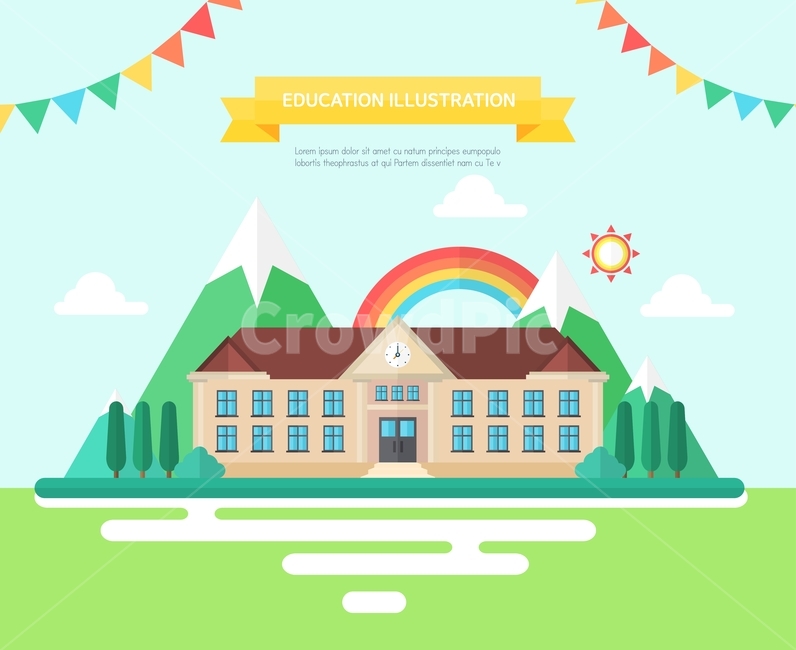 무지개,학교,태양,해,시계,플랫디자인,산,구름나무,교육,교육,학교,공부,education,learning,study,school,그래픽,일러스트레이션,graphic,illustration