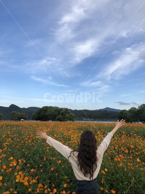 sky,back,flower garden,womans back,park
