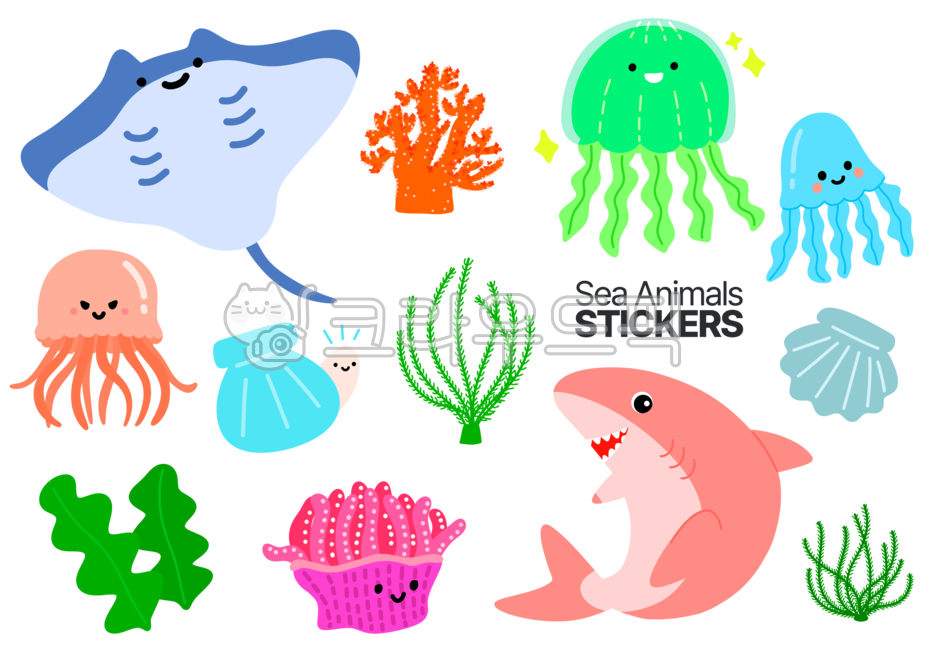바닷속,바다동물,해양동물,상어,흰동가리,물고기,산호초,물풀,수초,귀여운,캐릭터,스티커,다꾸,가오리,해파리,조개,가리비,말미잘