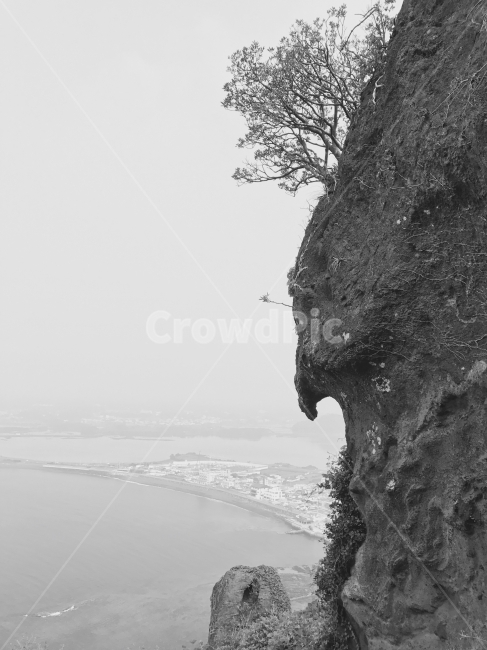 성산일출봉,제주도,흑백,바다,여름,자연,풍경,nature,landscape,흑백,모노톤,monochrome,black and white,outdoors,옥외,cliff,낭떠러지