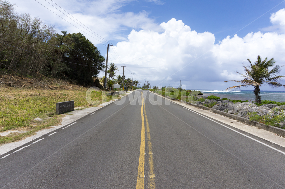 sky,line,tree,coastal road,cloud,outdoor,rock,palm tree,ocean,Emerald,Guam,road name,Southern