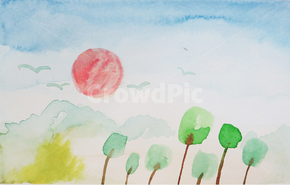 수채화,풍경,산,나무,해,물감,그림,일러스트