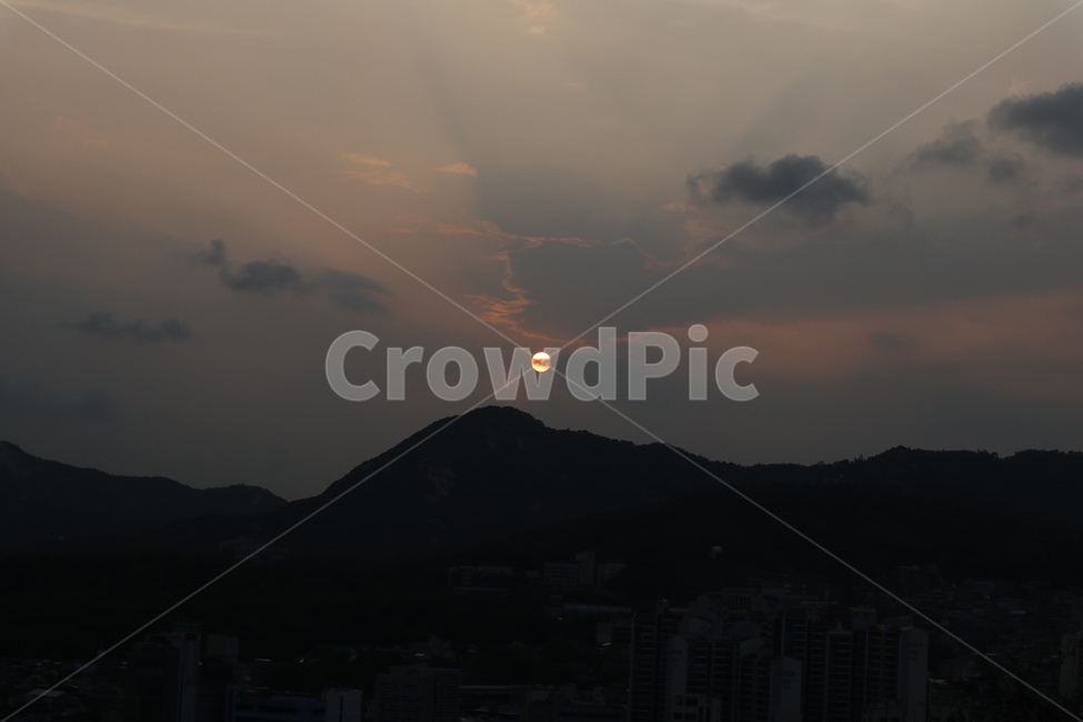 산,해,일몰,야경,구름