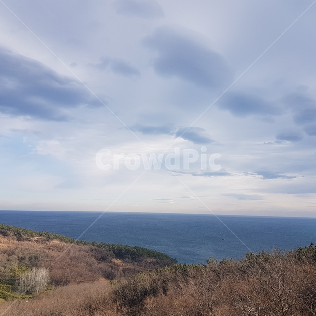 구름,바다,수평선,산,노을,석양