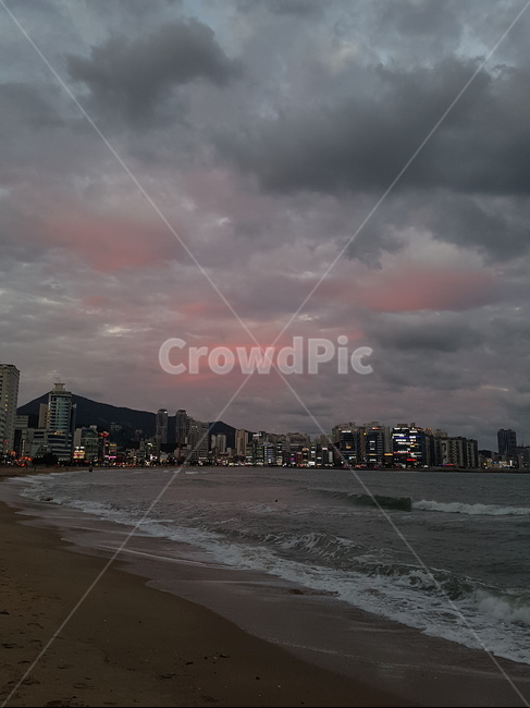 부산,바다,sea,파도,핑크빛하늘