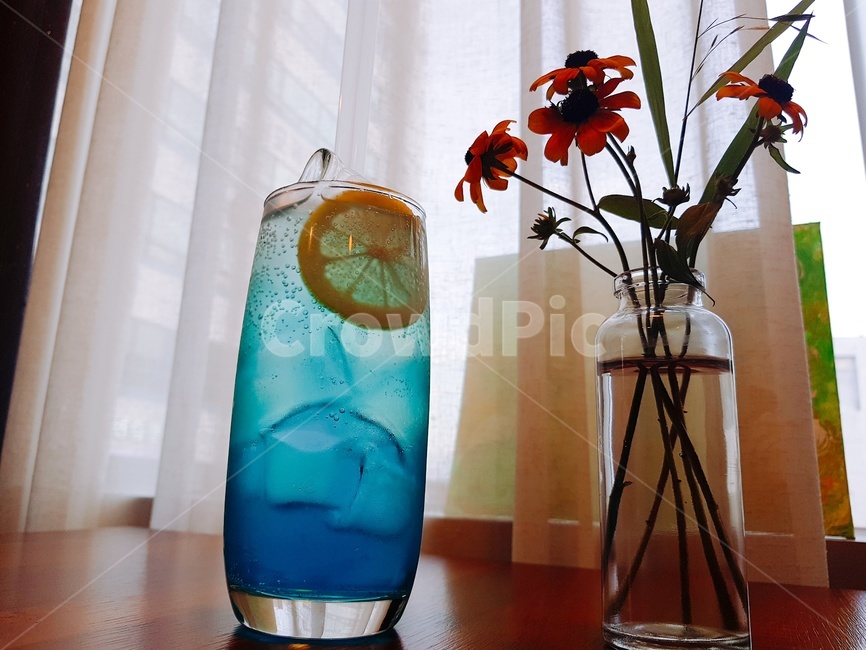 flower,꽃,vase,병장식,장식,ornament,wood,나무,블루레몬에이드,bluelemonade,drink,blue,red,빨간색,파란색
