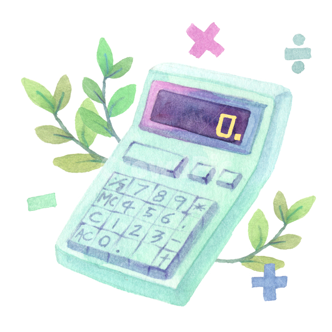 계산기,더하기,소형가전,계산,곱하기,빼기,나누기,산수,수학,나뭇잎,나뭇가지,잎,소품,일러스트,수작업,수채화,삽화,그래픽,일러스트레이션,graphic,illustration