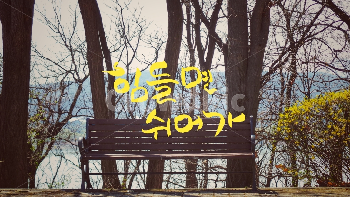 벤치,휴식,쉼,캘리그라피,의자,개나리꽃,쉬다,힘들다,손글씨