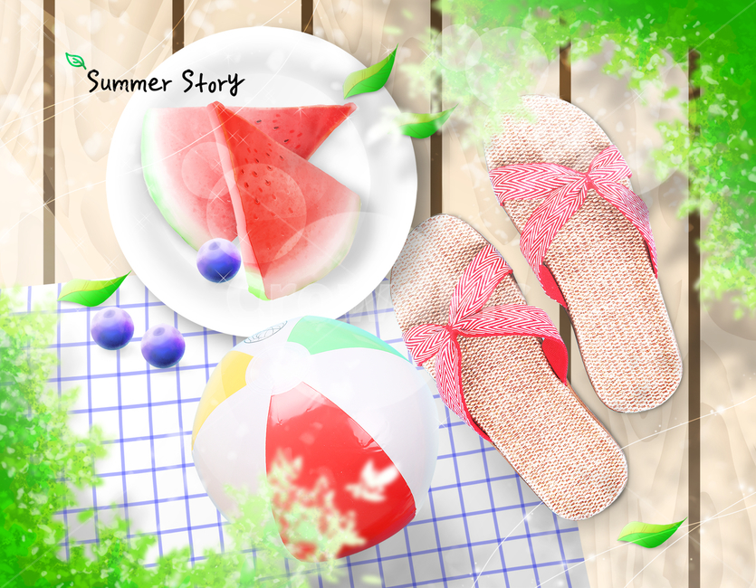 수박,접시,비치볼,샌들,여름,감성,여름,계절,summer,season,음식,식재료,요리,food,cook,meal,dishes,food reserves,과일,열매,fruit,그래픽,일러스트레이션,graphic,illustration