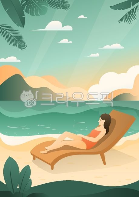 그림,일러스트레이션,일러스트,드로잉,배경,백그라운드,자연,여름,계절,시즌,열대,트로피컬,그라데이션,그라디언트,방학,여름방학,휴가,여름휴가,바다,해변,물놀이,해수욕,시원한,사람,인물,여자,여성,수영,수영복,선베드,구름,하늘,열대식물,여름식물,식물,나뭇잎,열대나뭇잎,잎,야자수,아레카야자,몬스테라,바나나잎,sunbed,palm,cloud,season,sand,sky,swimsuit,relax,green,leaf,leaves,comfort,swimming,woman,background,gradient,tropical,sport,people,water,beach,sea,nature,travel,outdoor,girl,young,happy,holiday,ocean,person,lifestyle,character,female,cartoon,activity,vacation,summer,vector,illustration