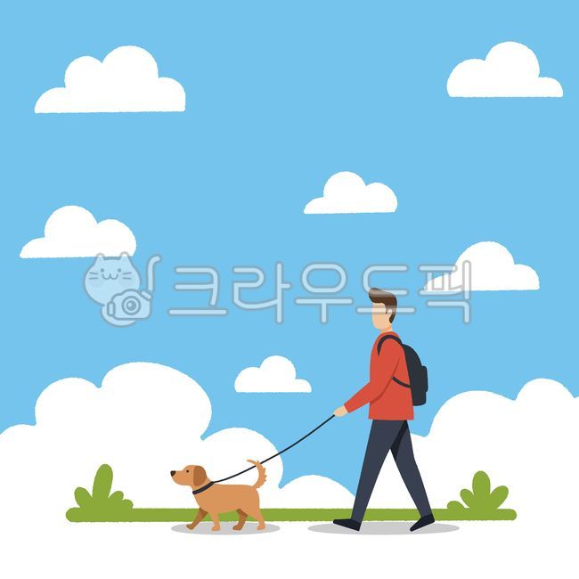 강아지산책,개산책일러스트,반려동물이미지,남자캐릭터,산책하는사람,야외활동,평화로운풍경,일상생활그림,하늘배경,귀여운강아지,산책로이미지,애완견,개목줄,사람과동물,일러스트배경소스,일러스트사람,반려동물일상,맑은날씨