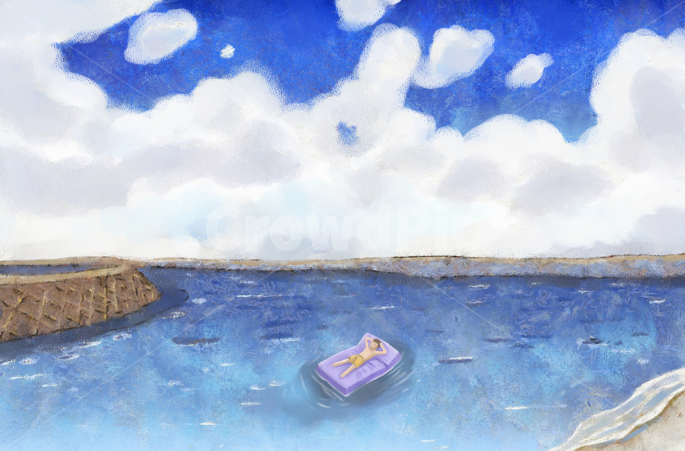 페인터,그림,일러스트,핸드드로잉,드로잉,이미지,아트,클립,클립아트,삽화,그래픽,수채화,유화,파스텔,상황,상황그림,상업미술,회화,수작업,손그림,미술,피서,행복,인간,여행,여행지,휴양지,휴가,휴식,즐거움,기쁨,사람,풍경,배경,캐릭터,예쁜그림,엽서,카드,감수성,느낌,라이프스타일,튜브,매트,잠,낮잠,해변,편안함,안락함,여름,그리움,둥실둥실,남,남자,하늘,구름,뭉게구름,바다,파도,모래,모래사장,백사장,nature,자연,여름,계절,summer,season,그래픽,일러스트레이션,graphic,illustration