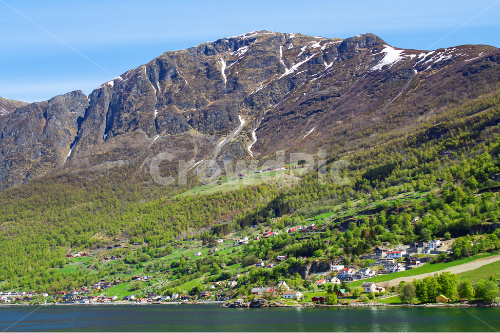 blue sky,small village,city,magnificent,cute,spring,Sognefjord,beautiful,fjord,mountain,foot of the mountain,Aurlandfjord,small town,scandinavia,sight,bottom of a mountain,europe,picturesque,sky,Cliff,green,nature,everyone,countryside,icecap,fairy tale vi