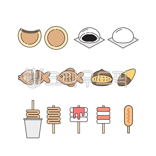 호떡,호빵,붕어빵,군밤,군고구마,어묵,오뎅,떡꼬치,소떡소떡,핫도그,휴게소,꿀호떡,꿀,팥,빵,밤,고구마,꼬치,겨울,간식,음식,겨울간식,길거리,길거리음식,포장마차,아이콘,일러스트,라인,외곽선,심플,드로잉,그래픽,한국