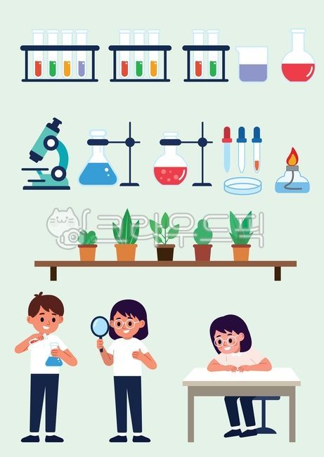 Elementary school students,science lab,science class,experimental equipment,beakers,test tubes,microscopes,alcohol lamps,flasks,chemical experiments,educational illustrations,children,classroom scenes,exploration activities,steam education,