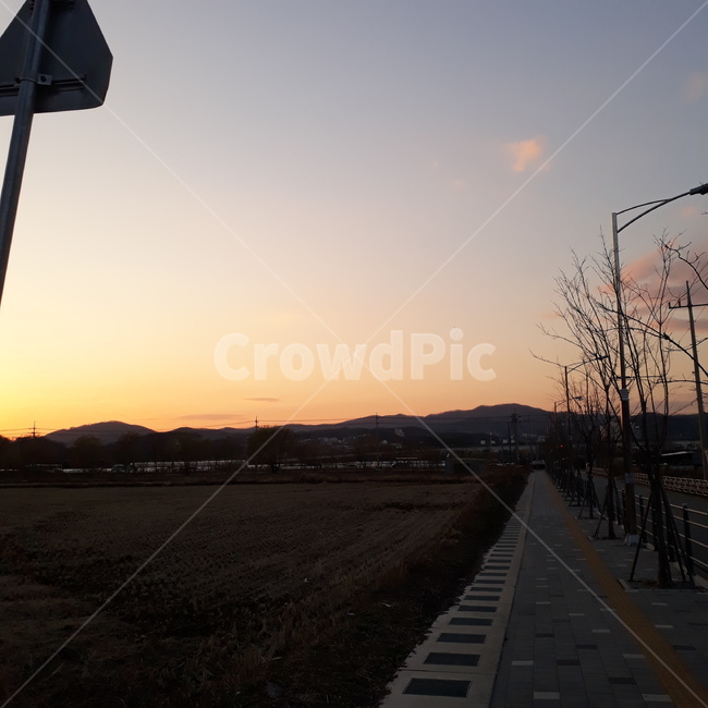 하늘,길,석양,노을,붉은색,하늘색,주황색,자연,풀경,길거리,논,밭,시골