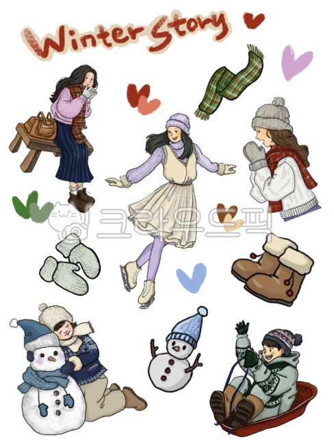 Winter illustration,stickers,dakku,winter prop stickers,fur scarf,fur gloves,sweater,skates,winter travel,first snow,snowman,heart,ugg boots