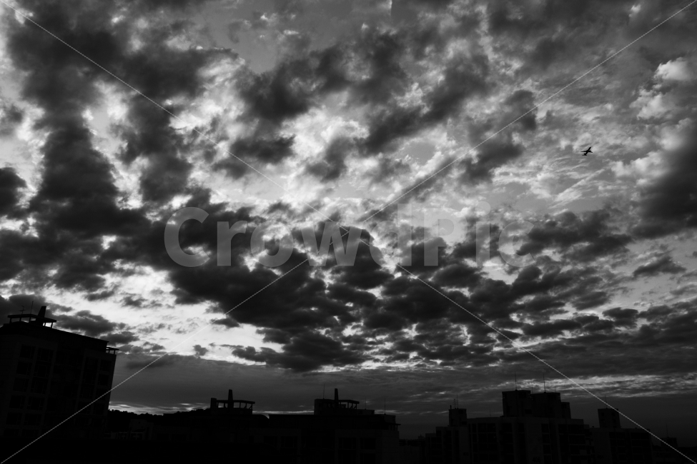 하늘,구름,흑백,비행기,석양,도시,풍경,city,landscape,흑백,모노톤,monochrome,black and white,weather,날씨,nature,자연,outdoors,옥외,sky,cumulus,적운,cloud