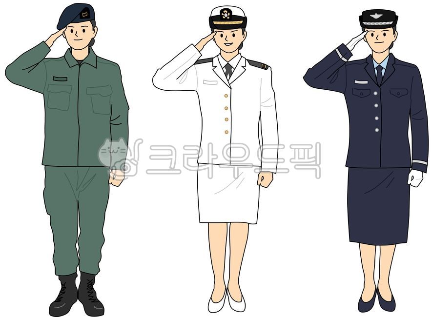 군인,여성군인,장교,육군,해군,공군,제복,정복,전투복,베레모,군모,경례,손동작,전신,정면,인물,여성,직업,국방,안보,애국심,의무,상징,단정함,리더십,캐릭터,플랫,흰배경,여군,국군의날,현충일,제헌절,삼일절,기념일