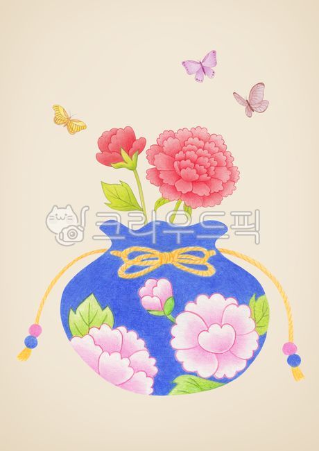 일러스트,배경,백그라운드,새해,설,신년,병오년,2026,명절,한국,문화,전통문화,전통,식물,민화,수작업,색연필,색연필화,그림,복주머니,꽃,나비,모란,모란꽃