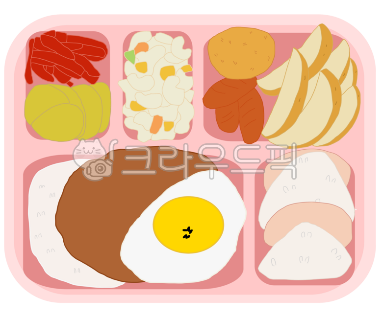 Lunch box,sausage,egg,side dish,lunch box drawing,picnic,picnicking,children's lunch box,lunch time,school meal,menu,rice,spam,fried egg,ham,macaroni,pickles,kimchi,dried radish,pork cutlet,Vienna sausage,potato,wedge potato,ric