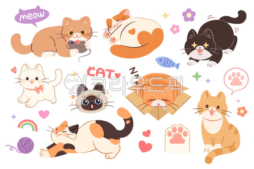 cat,cute,illustration,character,pet,paw,flower,fish,toy,yarn,Siamese cat,calico cat,tuxedo cat,yellow cat,nap,sleeping,stretching,cat,illust,cute,kitten,cat paw,heart,rainbow,pet cat,kitten,set,collection,box,happy