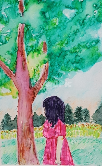 플러스펜,플러스펜수채화,수채화,여자그림,나무그림
