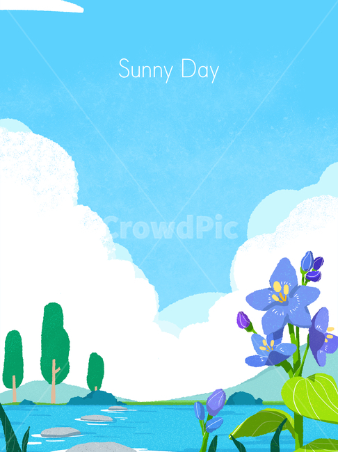 sky,cloud,Postcard,pond,stepping stones,vintage,retro,oil paint,bellflower,flower