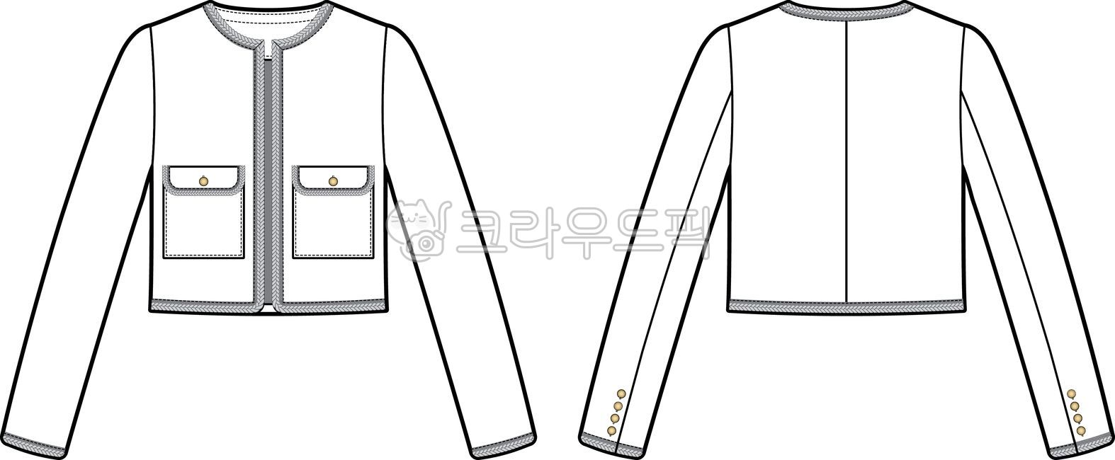 Tweed jacket,tweed,big button,gold button,sketch,schematic,fashion schematic,drawing,work instructions,pocket,pocket,crop jacket,technical,flat,vector,sketch,longsleeve,cotton,cording,trim,top,jacket,blazer,front,back,mockup,back